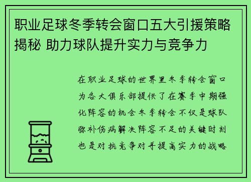 职业足球冬季转会窗口五大引援策略揭秘 助力球队提升实力与竞争力