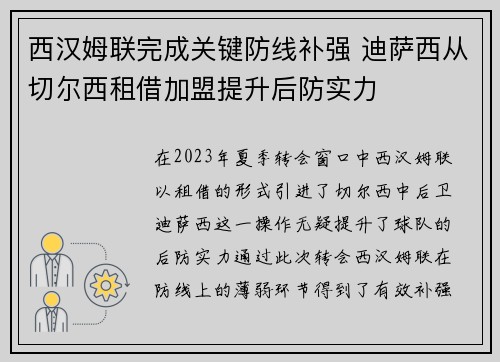 西汉姆联完成关键防线补强 迪萨西从切尔西租借加盟提升后防实力 西汉姆联完成关键防线补强 迪萨西从切尔西租借加盟提升后防实力