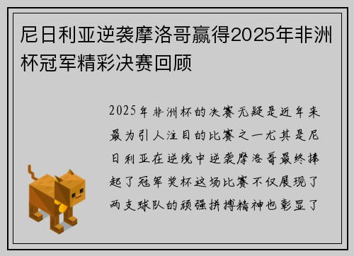 尼日利亚逆袭摩洛哥赢得2025年非洲杯冠军精彩决赛回顾 尼日利亚逆袭摩洛哥赢得2025年非洲杯冠军精彩决赛回顾