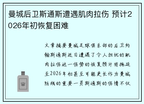 曼城后卫斯通斯遭遇肌肉拉伤 预计2026年初恢复困难 曼城后卫斯通斯遭遇肌肉拉伤 预计2026年初恢复困难