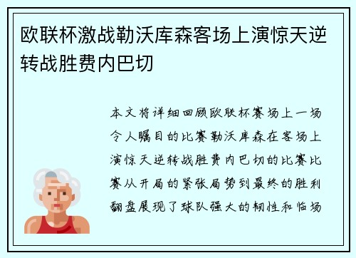 欧联杯激战勒沃库森客场上演惊天逆转战胜费内巴切